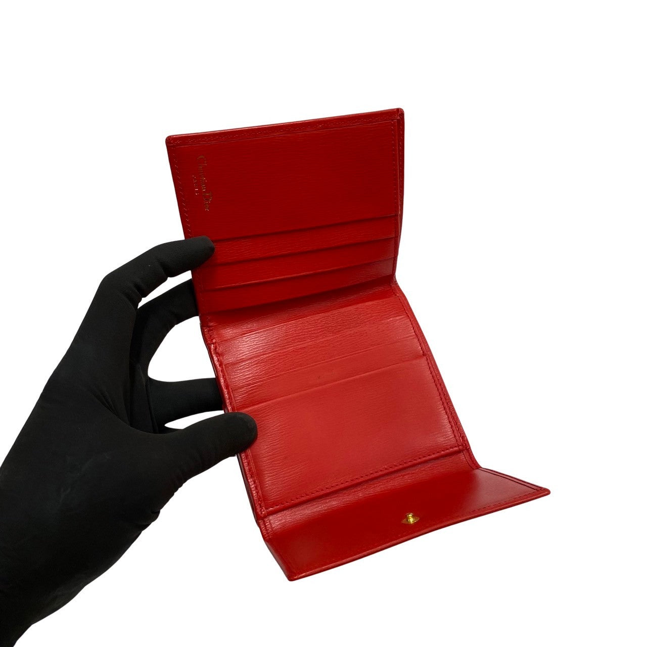 Dior Bifold Wallet leather Red CD logo Metal Women Used Authentic
