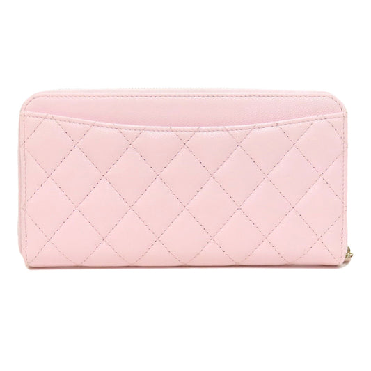 CHANEL Long Wallet Purse Grained Calfskin Skin pink Matelasse COCO Mark Gold Metal Women Used Authentic