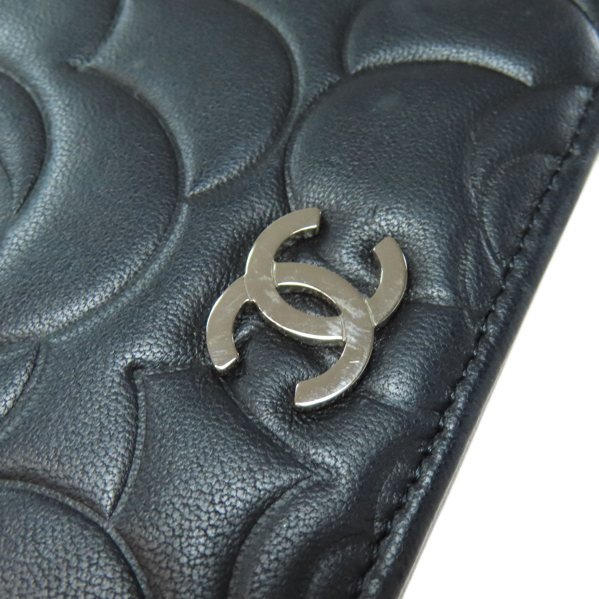 CHANEL Long Wallet Purse lambskin black Camellia COCO Mark SilverMetal Women Used Authentic