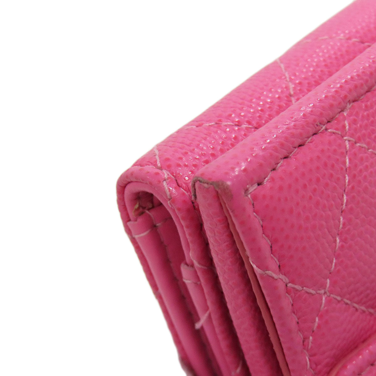 CHANEL Bifold Wallet Grained Calfskin Skin pink COCO Mark Gold Metal Tri-fold Wallet Women Used Authentic