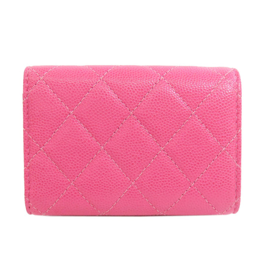 CHANEL Bifold Wallet Grained Calfskin Skin pink COCO Mark Gold Metal Tri-fold Wallet Women Used Authentic