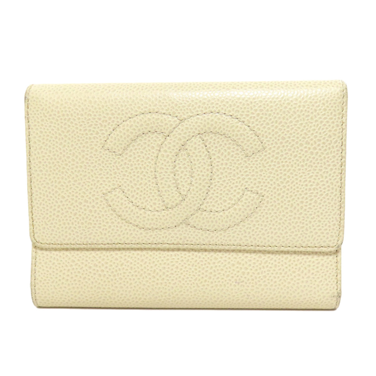 CHANEL Bifold Wallet Grained Calfskin Skin yellow COCO Mark Gold Metal Women Used Authentic