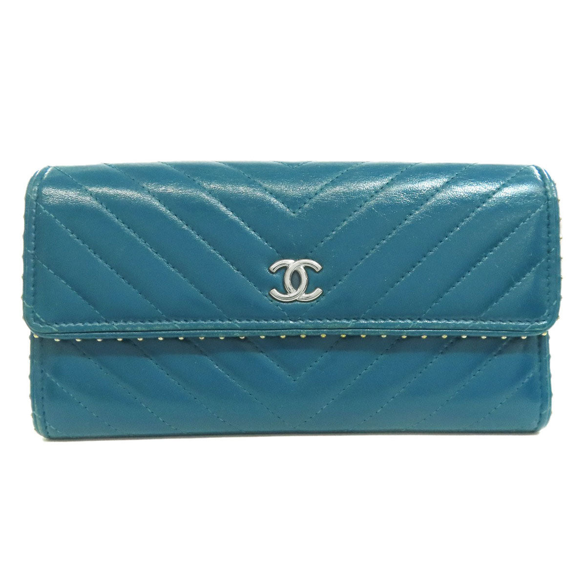 CHANEL Long Wallet Purse Calfskin blue Vstitch COCO Mark SilverMetal Women Used Authentic