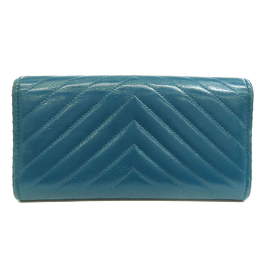 CHANEL Long Wallet Purse Calfskin blue Vstitch COCO Mark SilverMetal Women Used Authentic