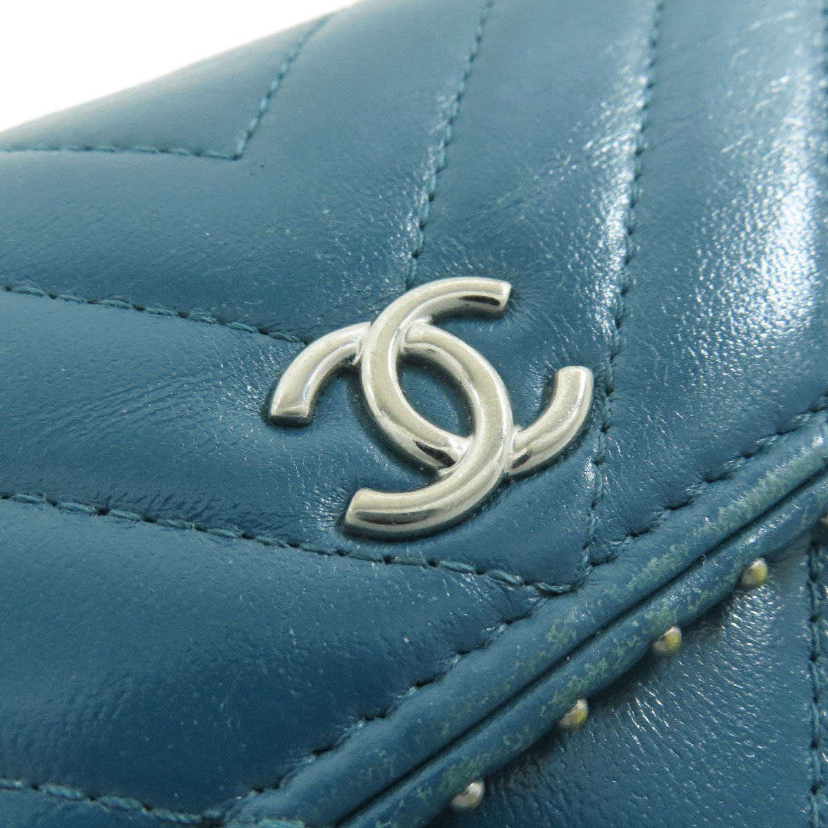 CHANEL Long Wallet Purse Calfskin blue Vstitch COCO Mark SilverMetal Women Used Authentic
