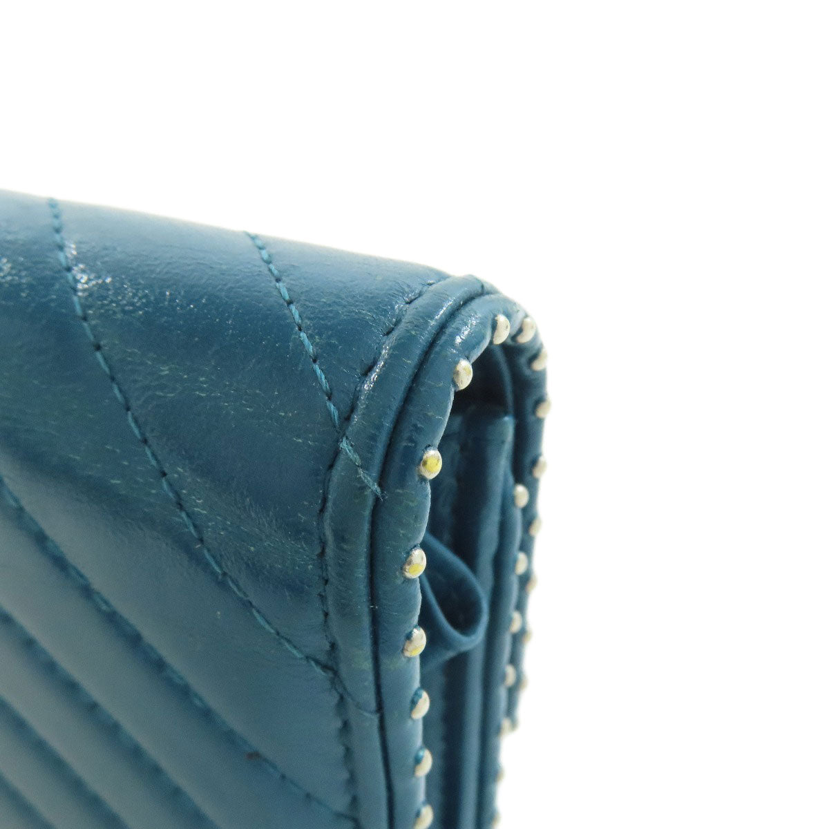 CHANEL Long Wallet Purse Calfskin blue Vstitch COCO Mark SilverMetal Women Used Authentic