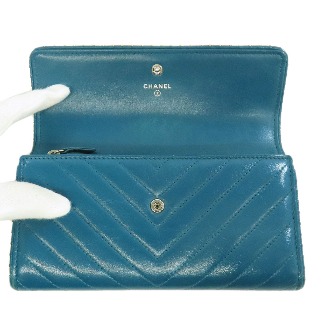CHANEL Long Wallet Purse Calfskin blue Vstitch COCO Mark SilverMetal Women Used Authentic