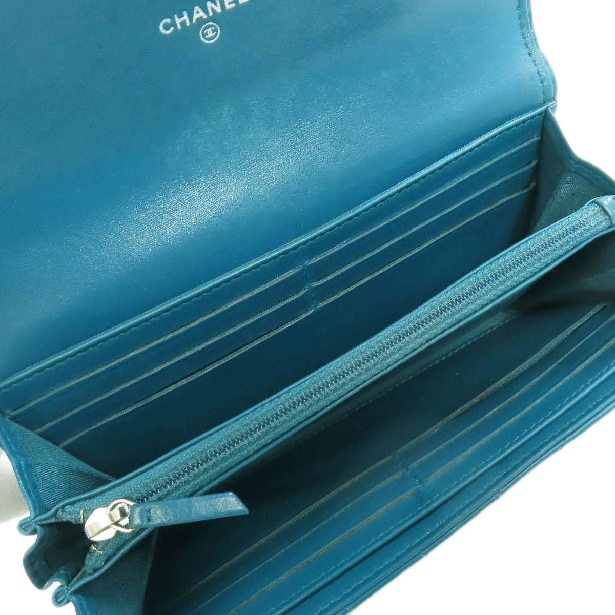 CHANEL Long Wallet Purse Calfskin blue Vstitch COCO Mark SilverMetal Women Used Authentic