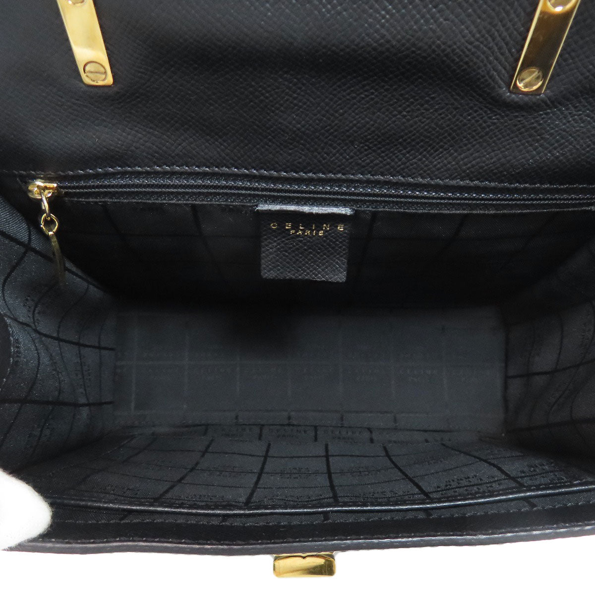CELINE Handbag leather black logo Women Used Authentic