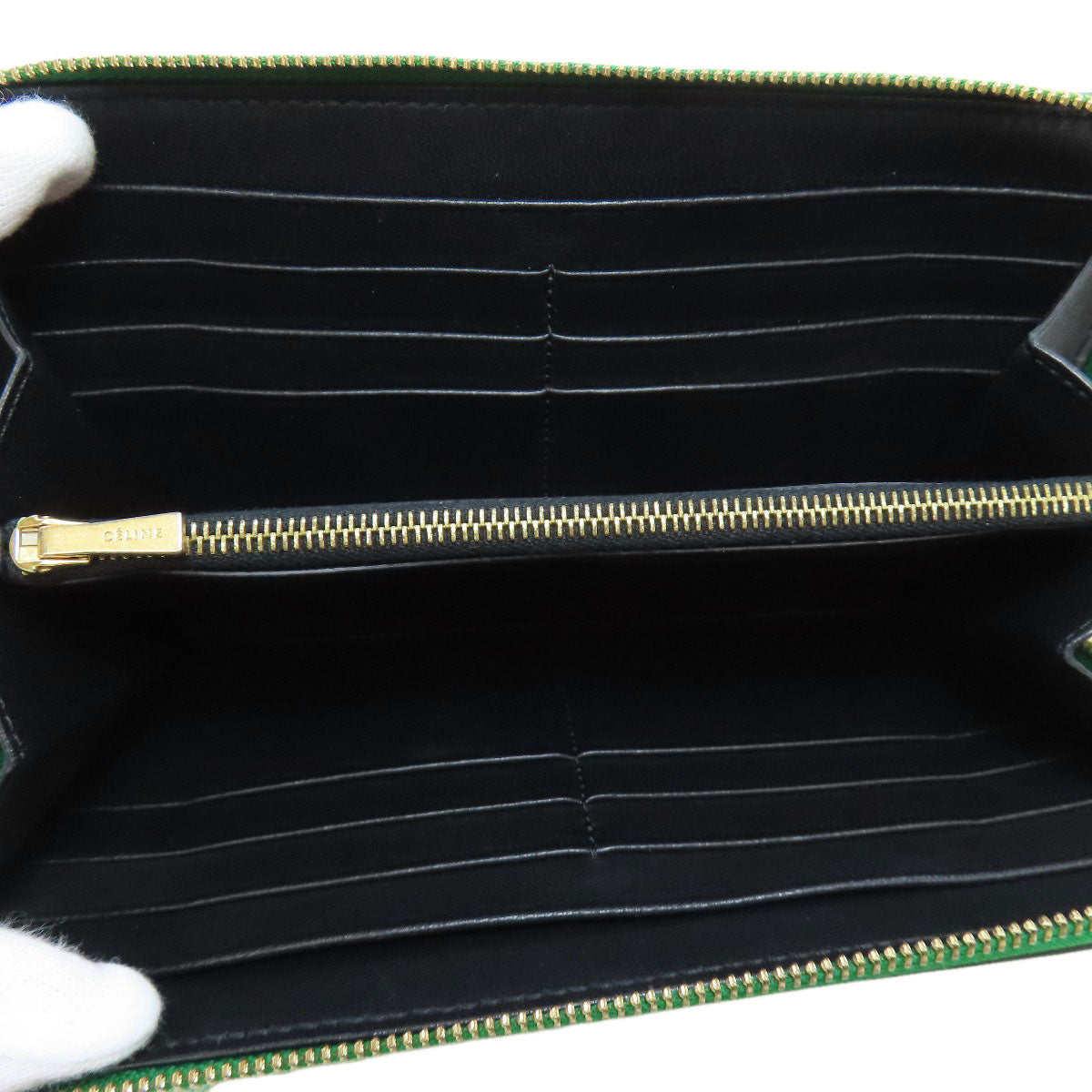 CELINE Long Wallet Purse leather green logo Women Used Authentic