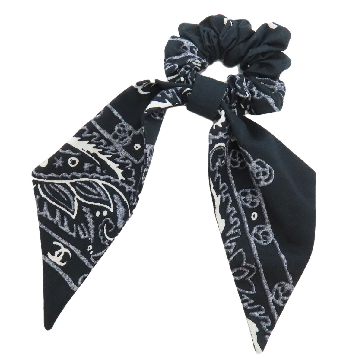 CHANEL Cosmetics Pouch cotton black Paisley Pattern Silver Metal with Scrunchie