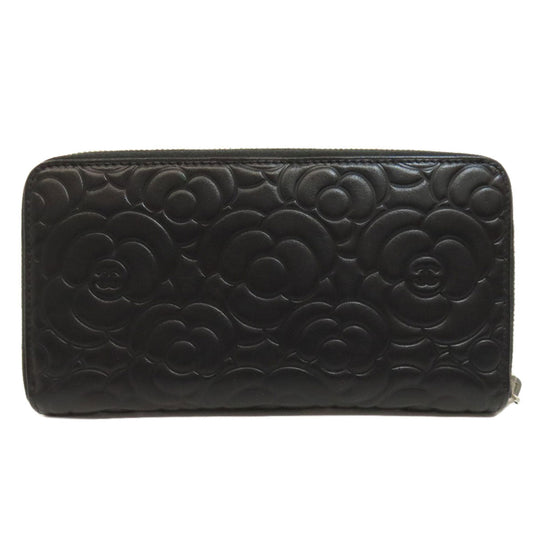 CHANEL Long Wallet Purse Calfskin black Camellia SilverMetal Women Used Authentic