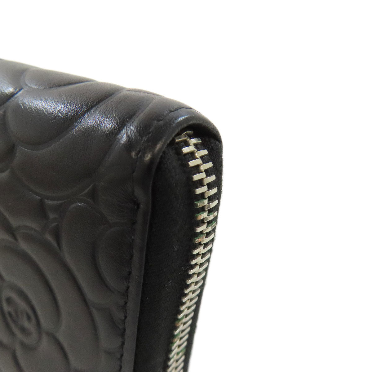CHANEL Long Wallet Purse Calfskin black Camellia SilverMetal Women Used Authentic