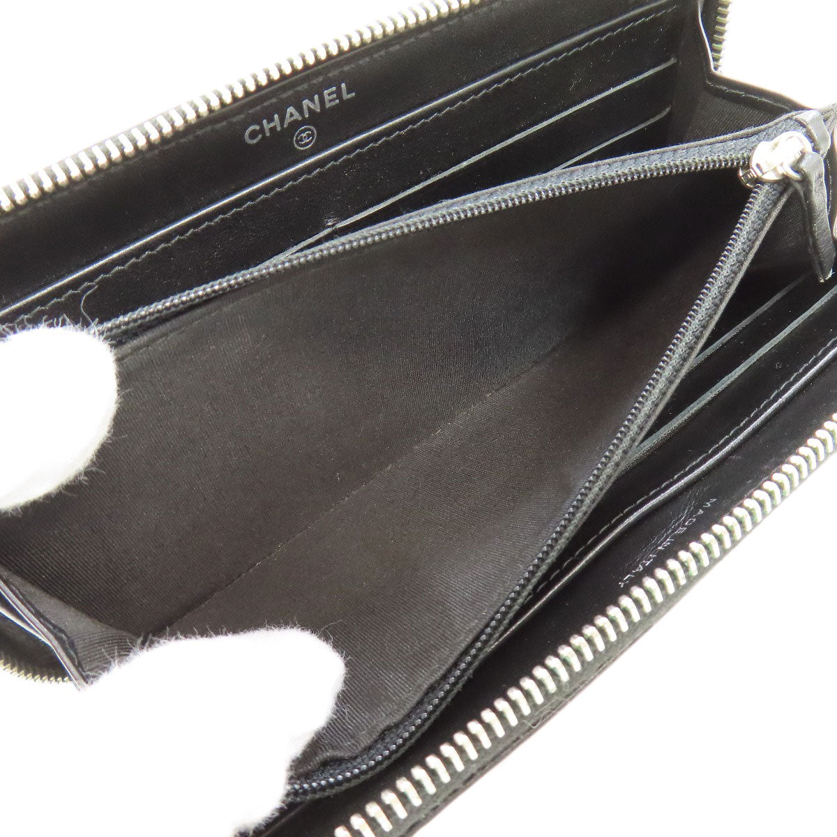 CHANEL Long Wallet Purse Calfskin black Camellia SilverMetal Women Used Authentic