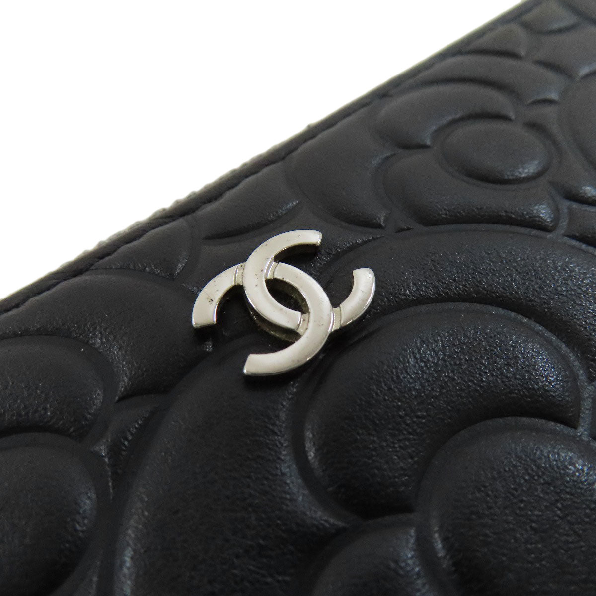 CHANEL Long Wallet Purse Calfskin black Camellia SilverMetal Women Used Authentic