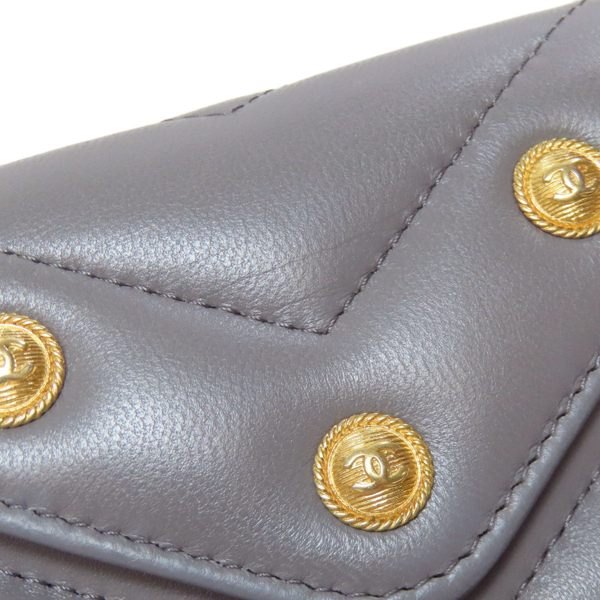 CHANEL Coin case lambskin gray COCO Mark Vstitch Gold Metal Women Used Authentic