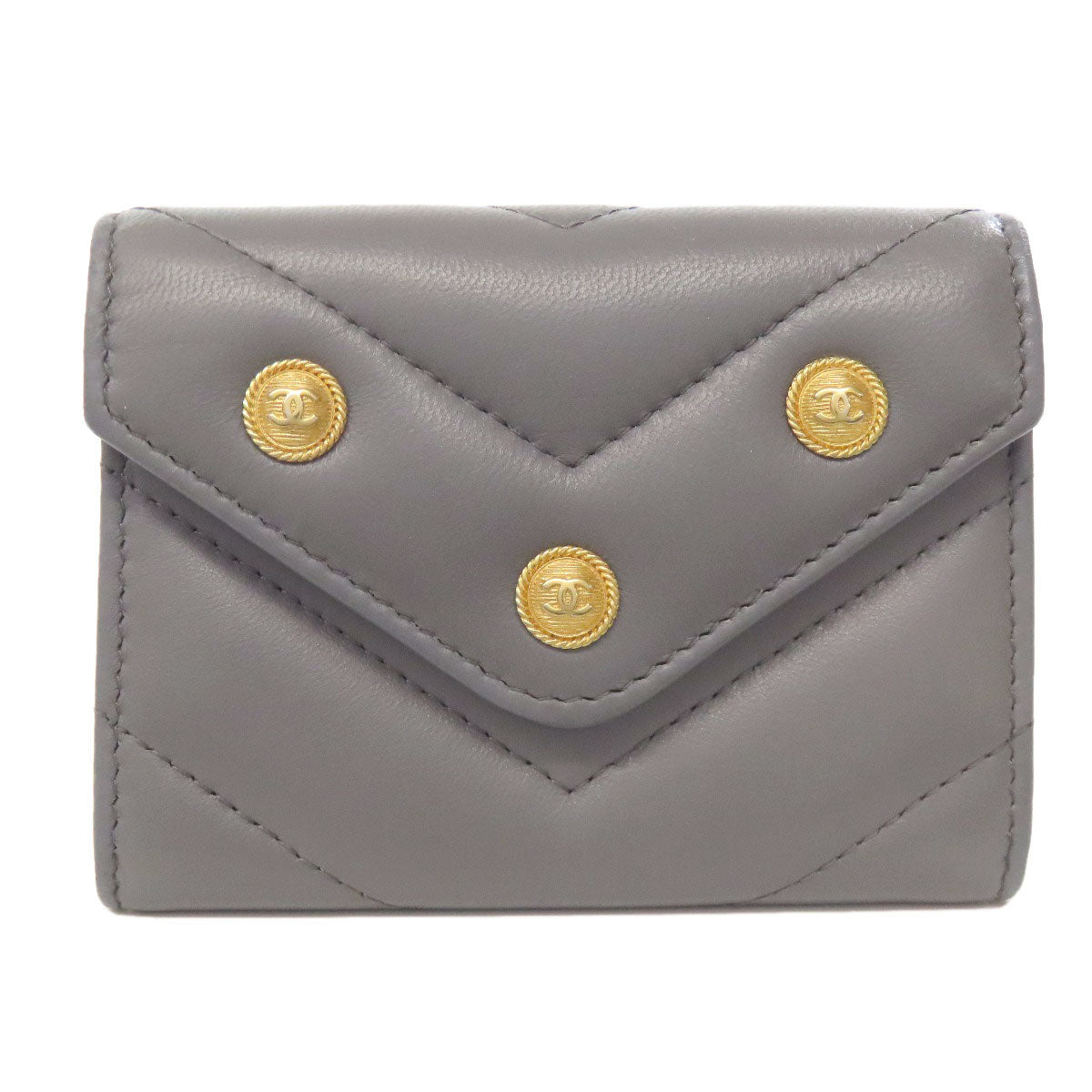 CHANEL Coin case lambskin gray COCO Mark Vstitch Gold Metal Women Used Authentic