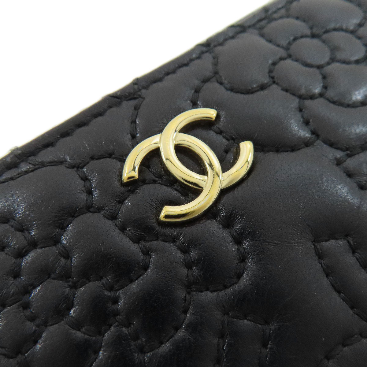 CHANEL Long Wallet Purse lambskin black Camellia Gold Metal Women Used Authentic