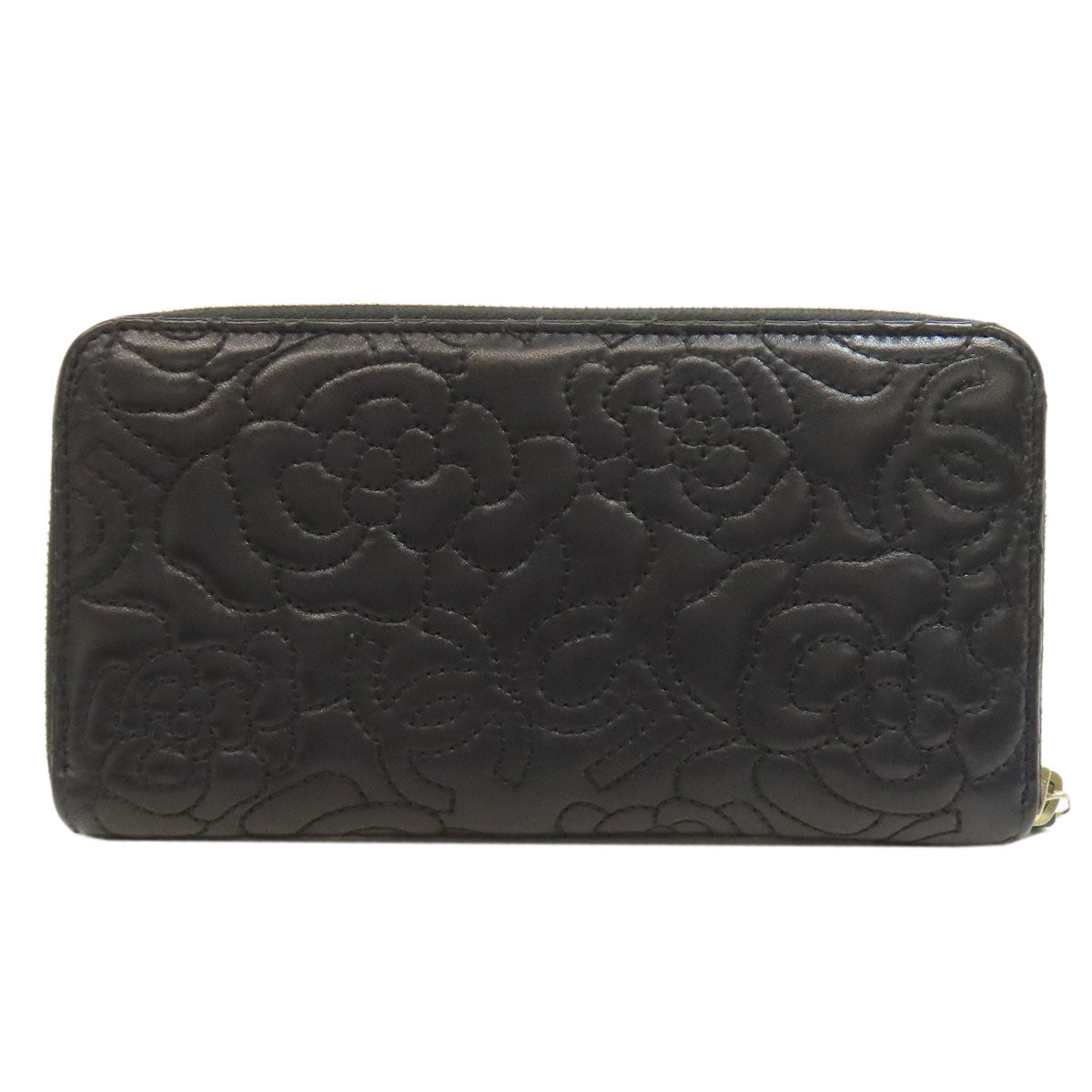CHANEL Long Wallet Purse lambskin black Camellia Gold Metal Women Used Authentic