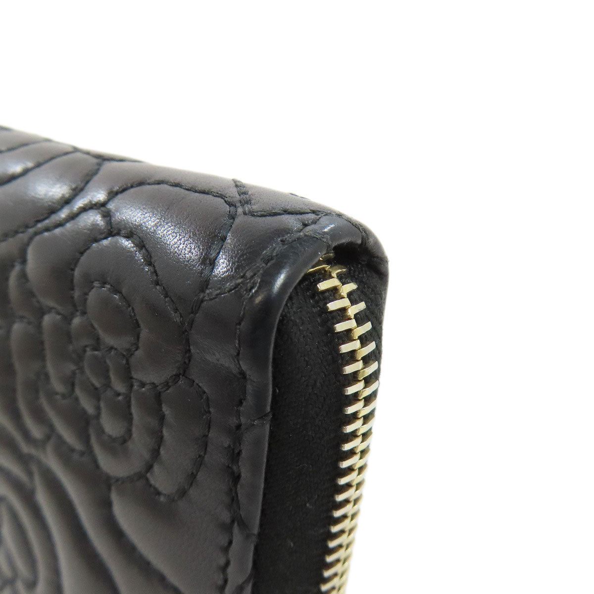 CHANEL Long Wallet Purse lambskin black Camellia Gold Metal Women Used Authentic