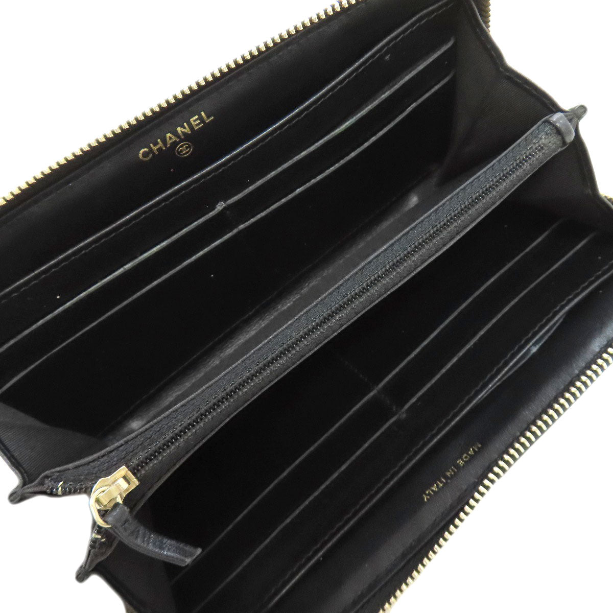 CHANEL Long Wallet Purse lambskin black Camellia Gold Metal Women Used Authentic