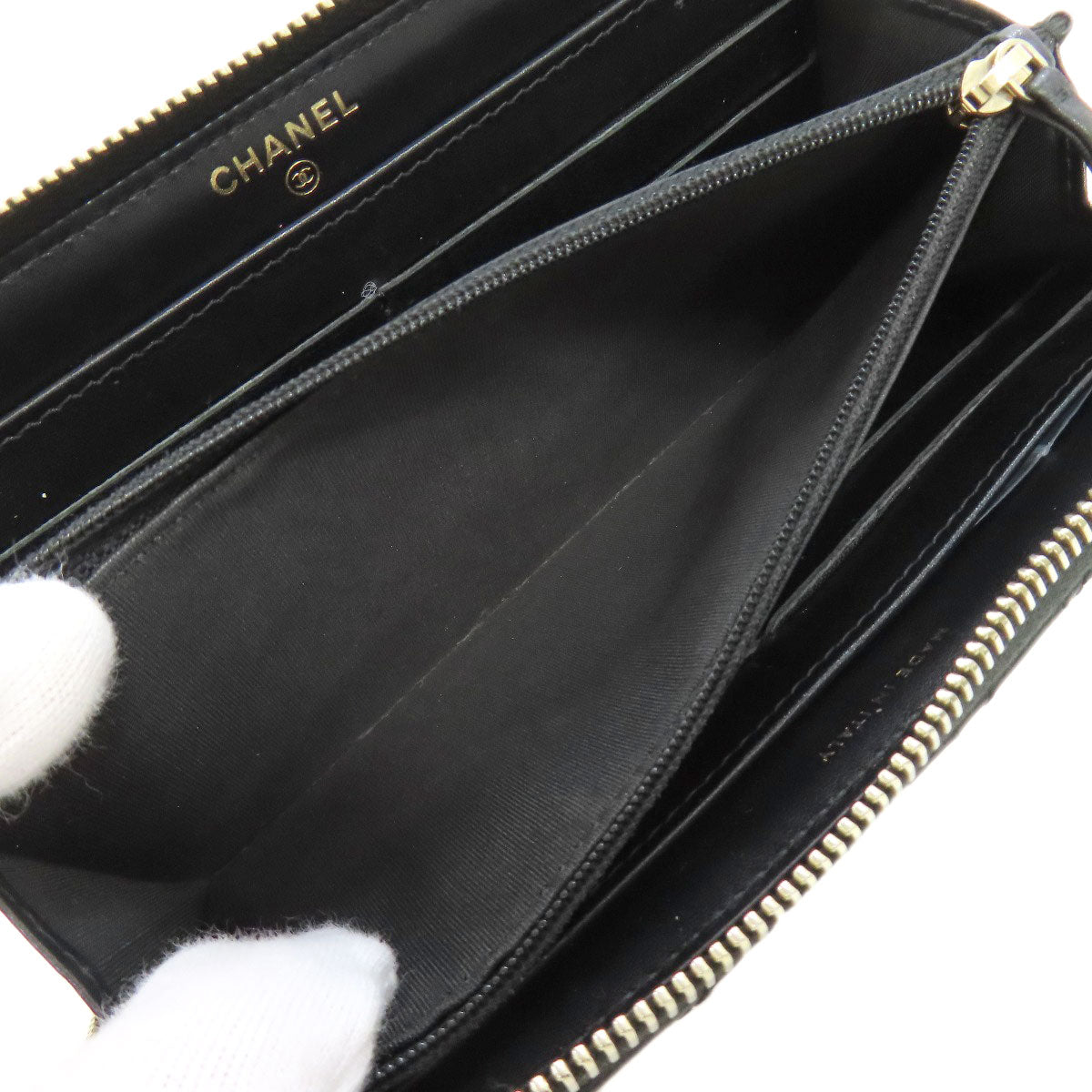 CHANEL Long Wallet Purse lambskin black Camellia Gold Metal Women Used Authentic