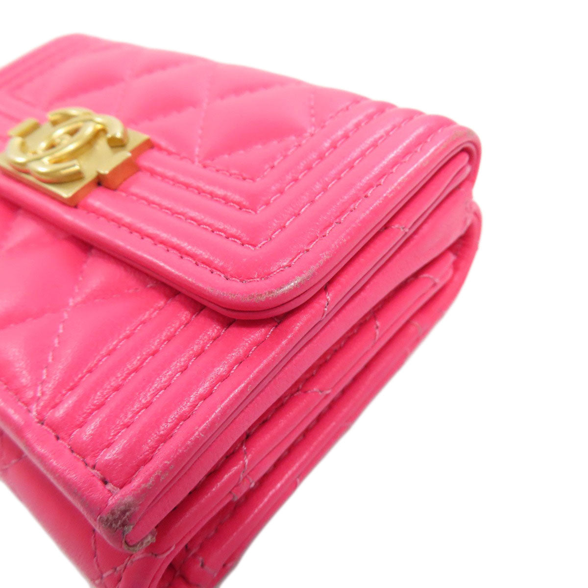 CHANEL Bifold Wallet Calfskin pink Tri-fold Boy Chanel Women Used Authentic