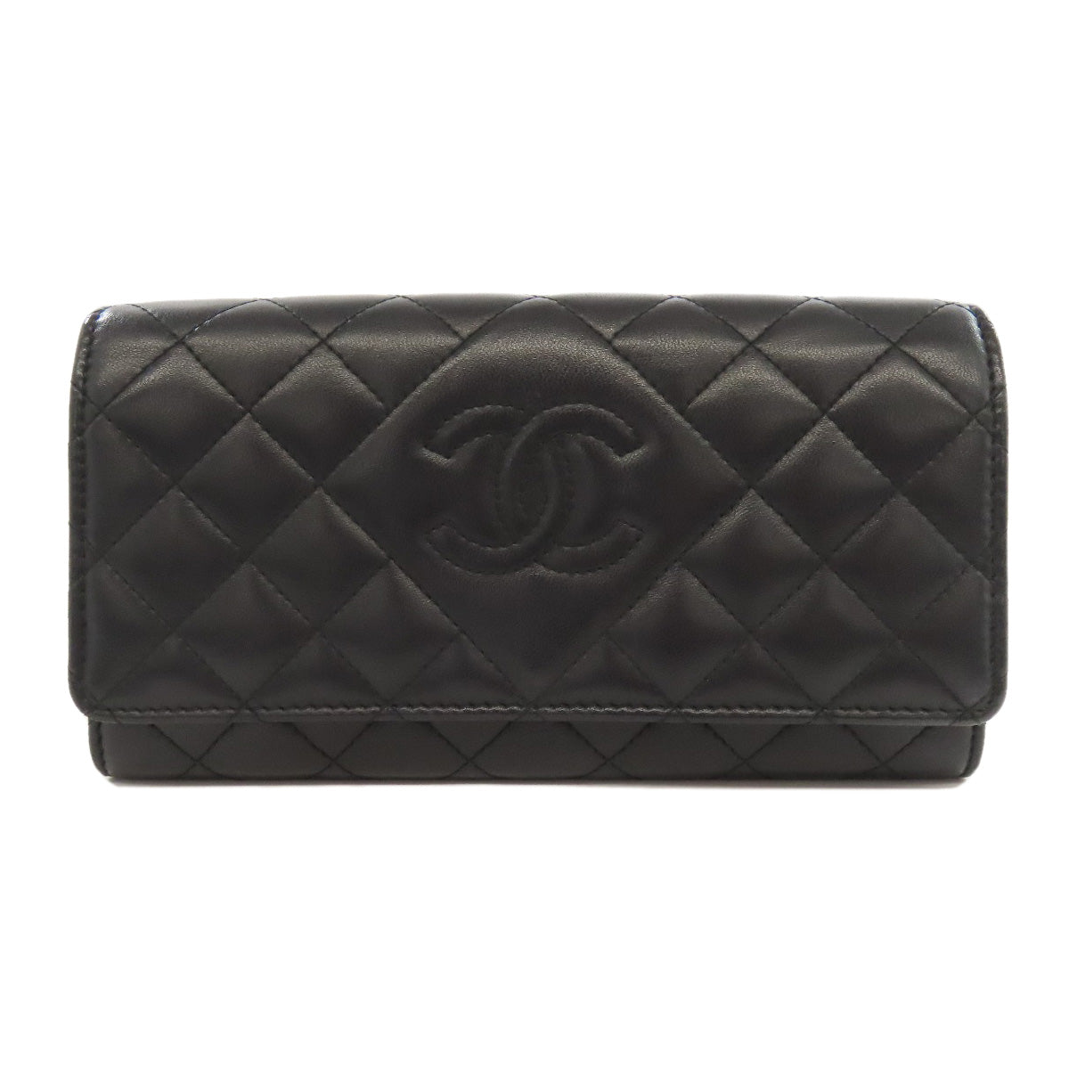 CHANEL Long Wallet Purse lambskin black Matelasse SilverMetal Women Used Authentic