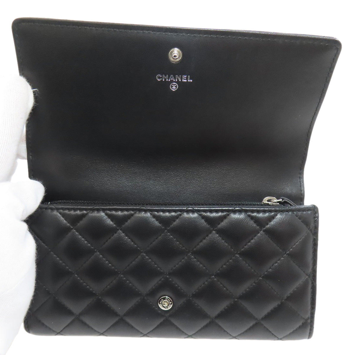 CHANEL Long Wallet Purse lambskin black Matelasse SilverMetal Women Used Authentic