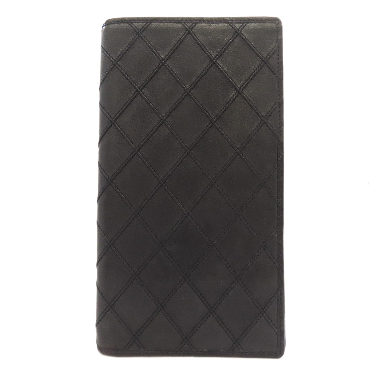CHANEL Long Wallet Purse Calfskin black stitch Women Used Authentic