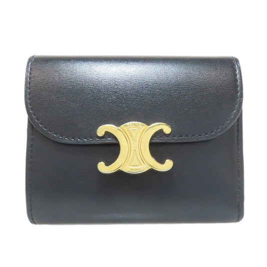 CELINE Bifold Wallet Calfskin black Small flap wallet Triomphe Women Used Authentic