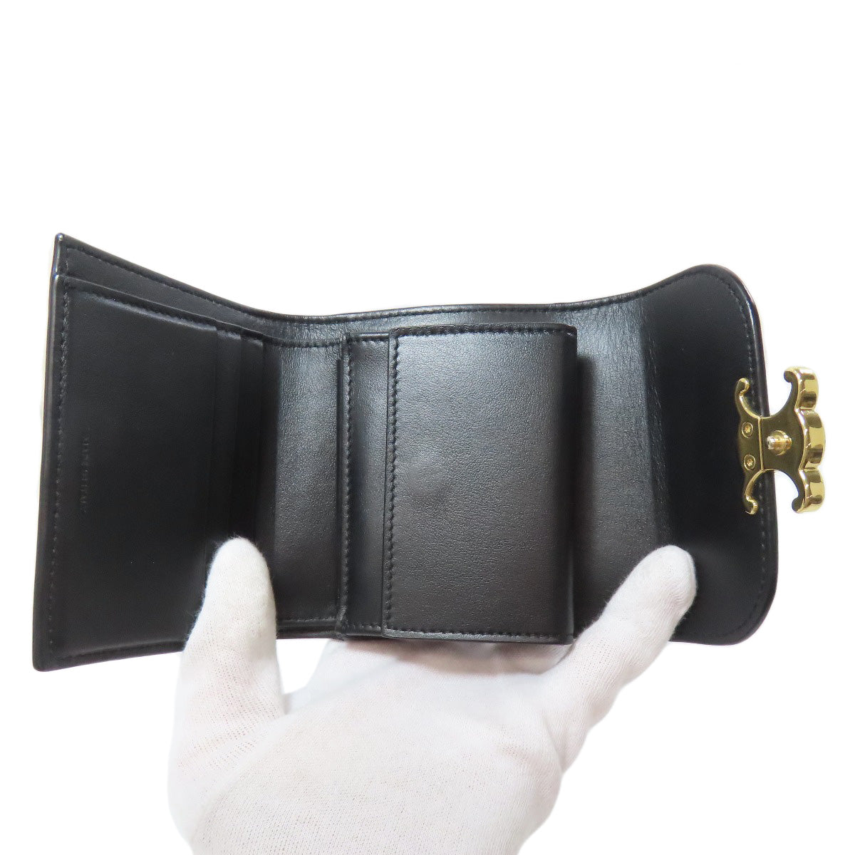 CELINE Bifold Wallet Calfskin black Small flap wallet Triomphe Women Used Authentic