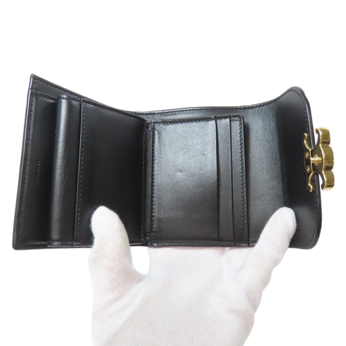 CELINE Bifold Wallet Calfskin black Small flap wallet Triomphe Women Used Authentic