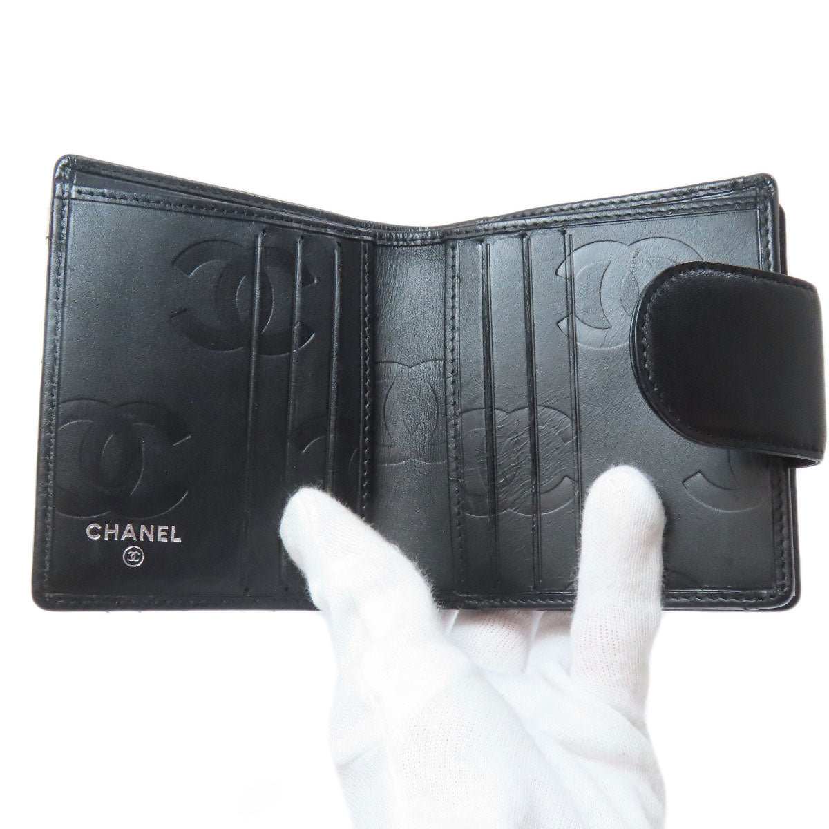 CHANEL Bifold Wallet lambskin black Cambon line Women Used Authentic
