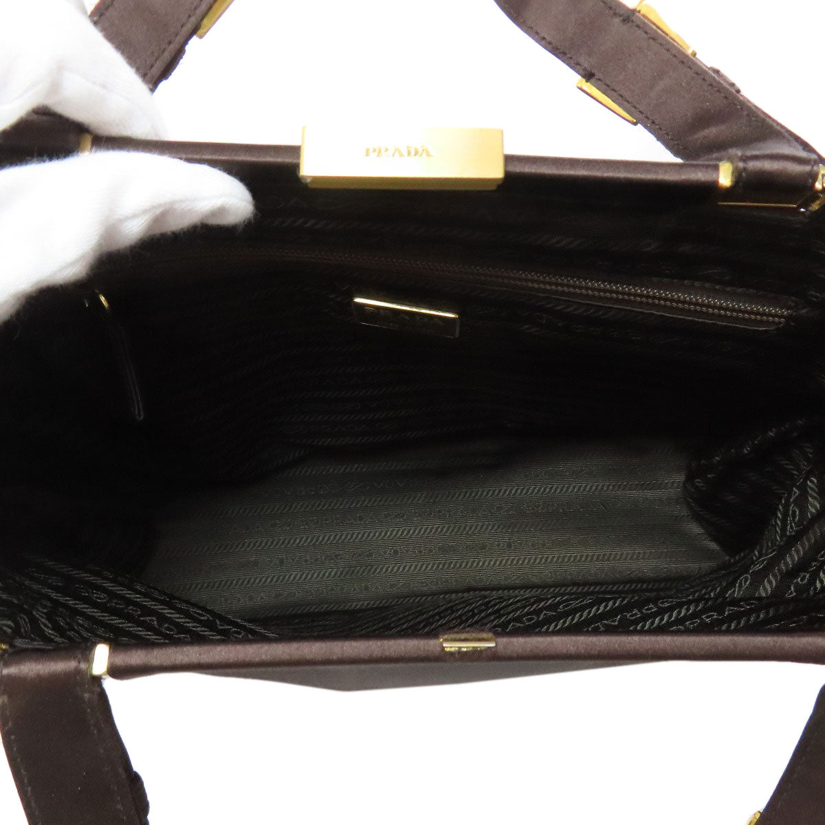 PRADA Handbag Satin Brown logo Women Used Authentic