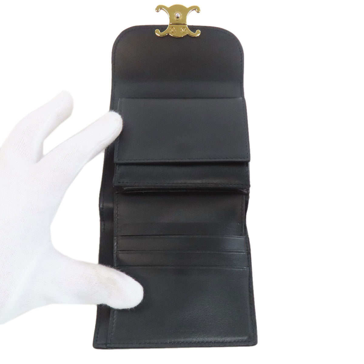 CELINE Bifold Wallet leather black Triomphe Flap Women Used Authentic