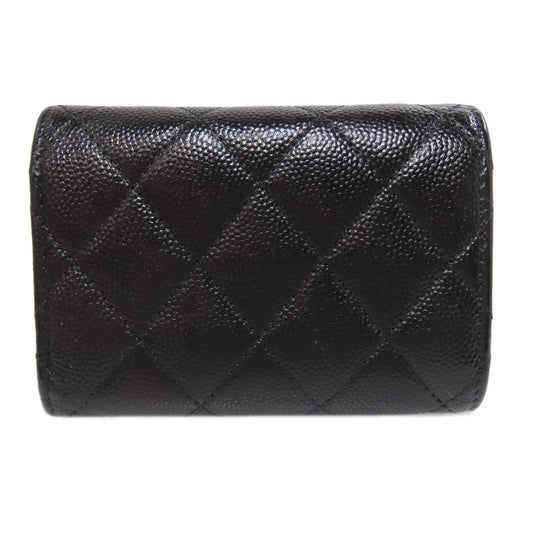 CHANEL Bifold Wallet Grained Calfskin Skin black Compact Wallet Matelasse Gold Metal Women Used Authentic
