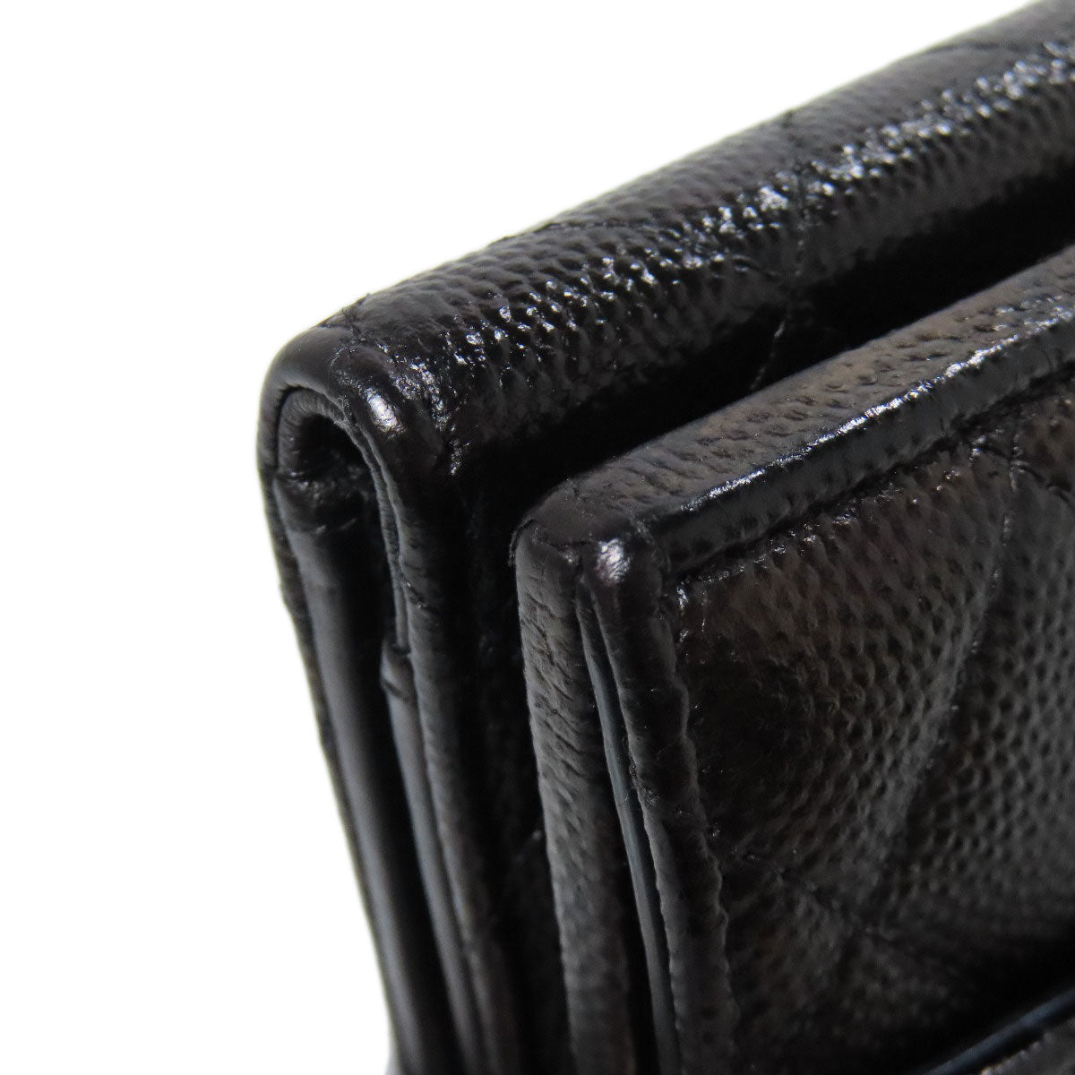 CHANEL Bifold Wallet Grained Calfskin Skin black Compact Wallet Matelasse Gold Metal Women Used Authentic