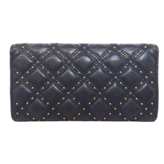 CHANEL Long Wallet Purse lambskin Navy Studs COCO Mark Gold Metal