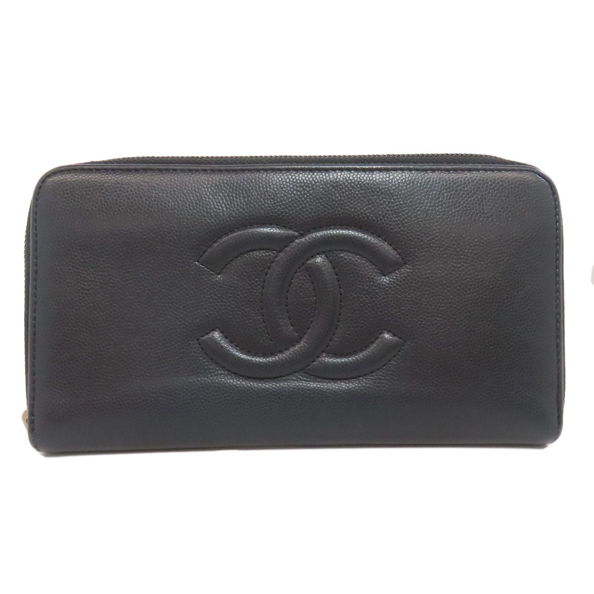 CHANEL Long Wallet Purse Grained Calfskin Skin black Zip Around COCO Mark SilverMetal