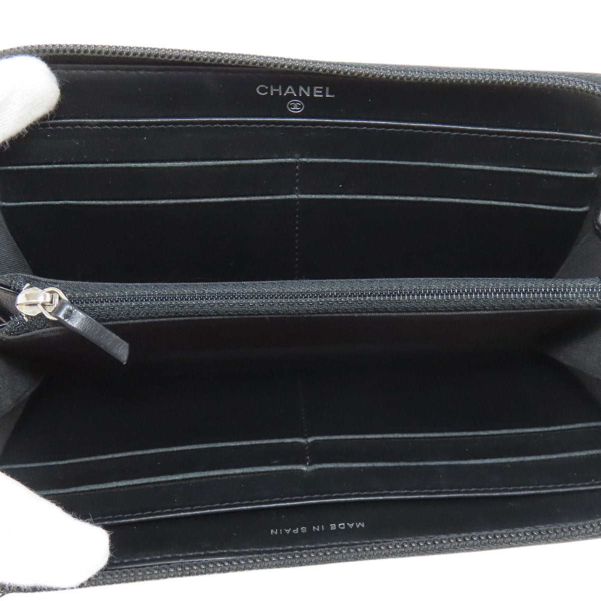 CHANEL Long Wallet Purse Grained Calfskin Skin black Zip Around COCO Mark SilverMetal