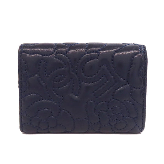 CHANEL Bifold Wallet lambskin Navy Tri-fold Wallet Compact Wallet COCO Mark