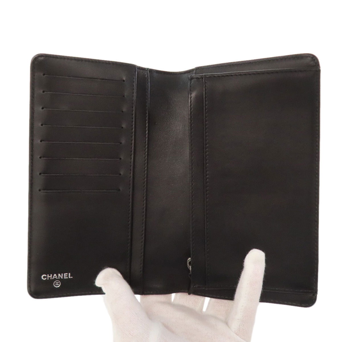 CHANEL Long Wallet Purse Patent leather black Icon SilverMetal
