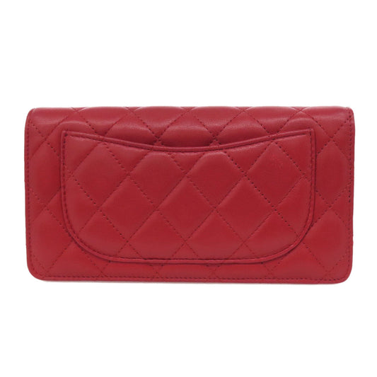 CHANEL Long Wallet Purse lambskin Red Matelasse COCO Mark SilverMetal