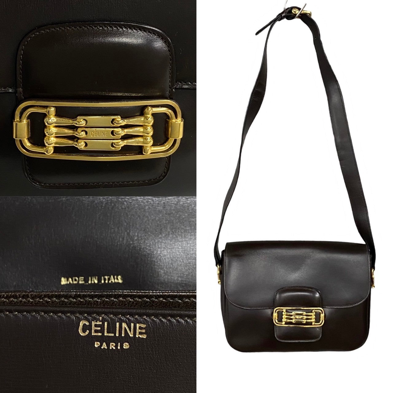 CELINE Shoulder Bag leather Brown Horsebit Women Used Authentic