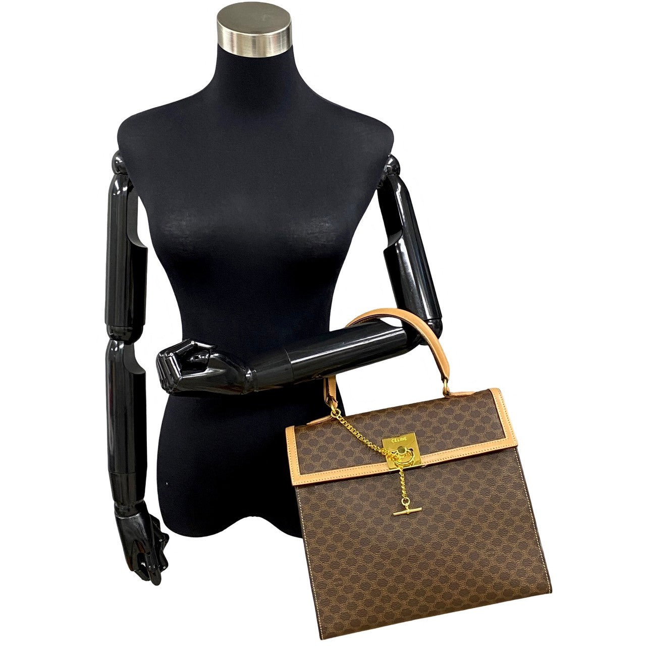 CELINE Handbag Leather, PVC Brown Macadam Blason Triomphe logo ring Metal Women Used Authentic