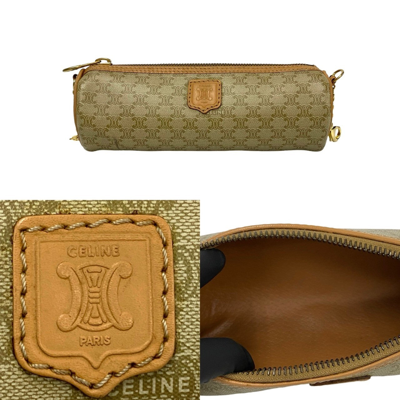 CELINE Handbag Leather, PVC beige Macadam Blason Pattern Women Used Authentic
