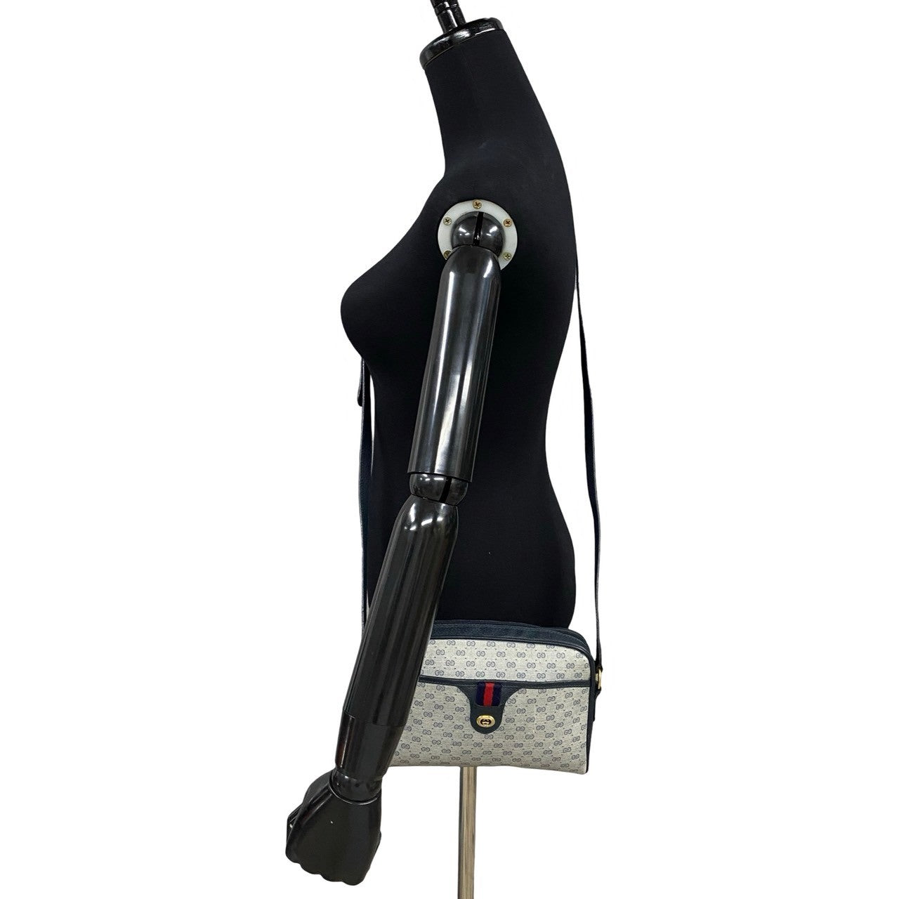 GUCCI Shoulder Bag Leather, PVC Navy Micro GG Sherry line Women Used Authentic