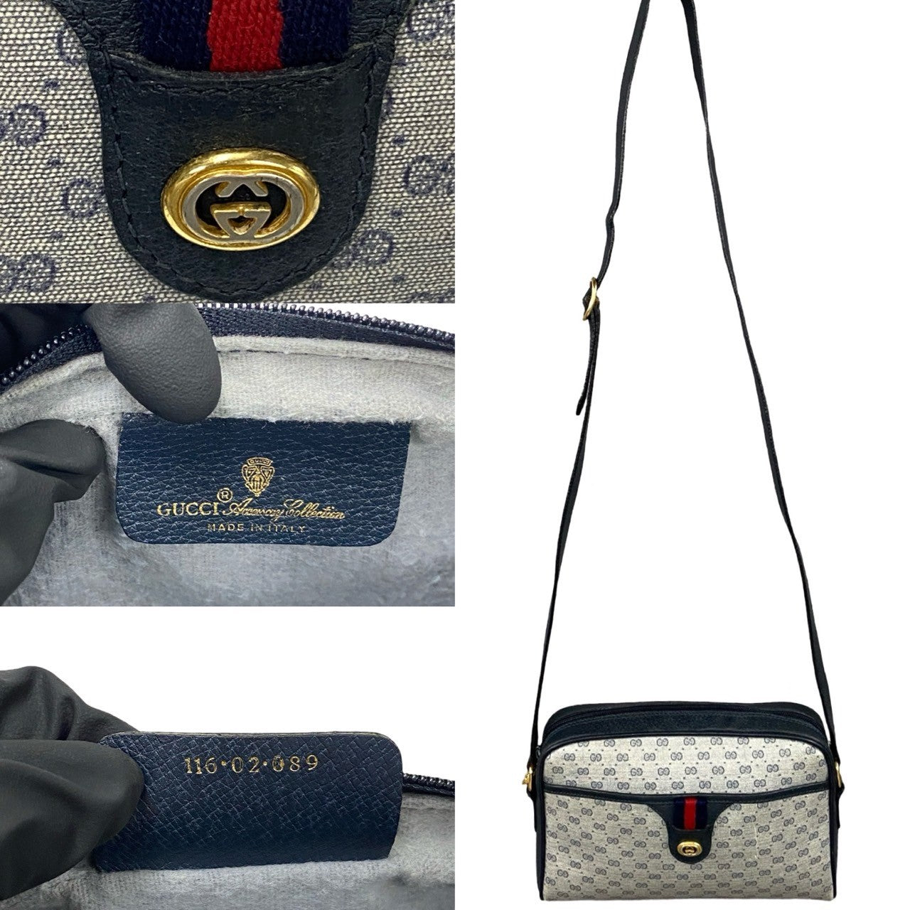 GUCCI Shoulder Bag Leather, PVC Navy Micro GG Sherry line Women Used Authentic