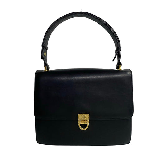 CELINE Shoulder Bag leather black Triomphe logo Metal Women Used Authentic
